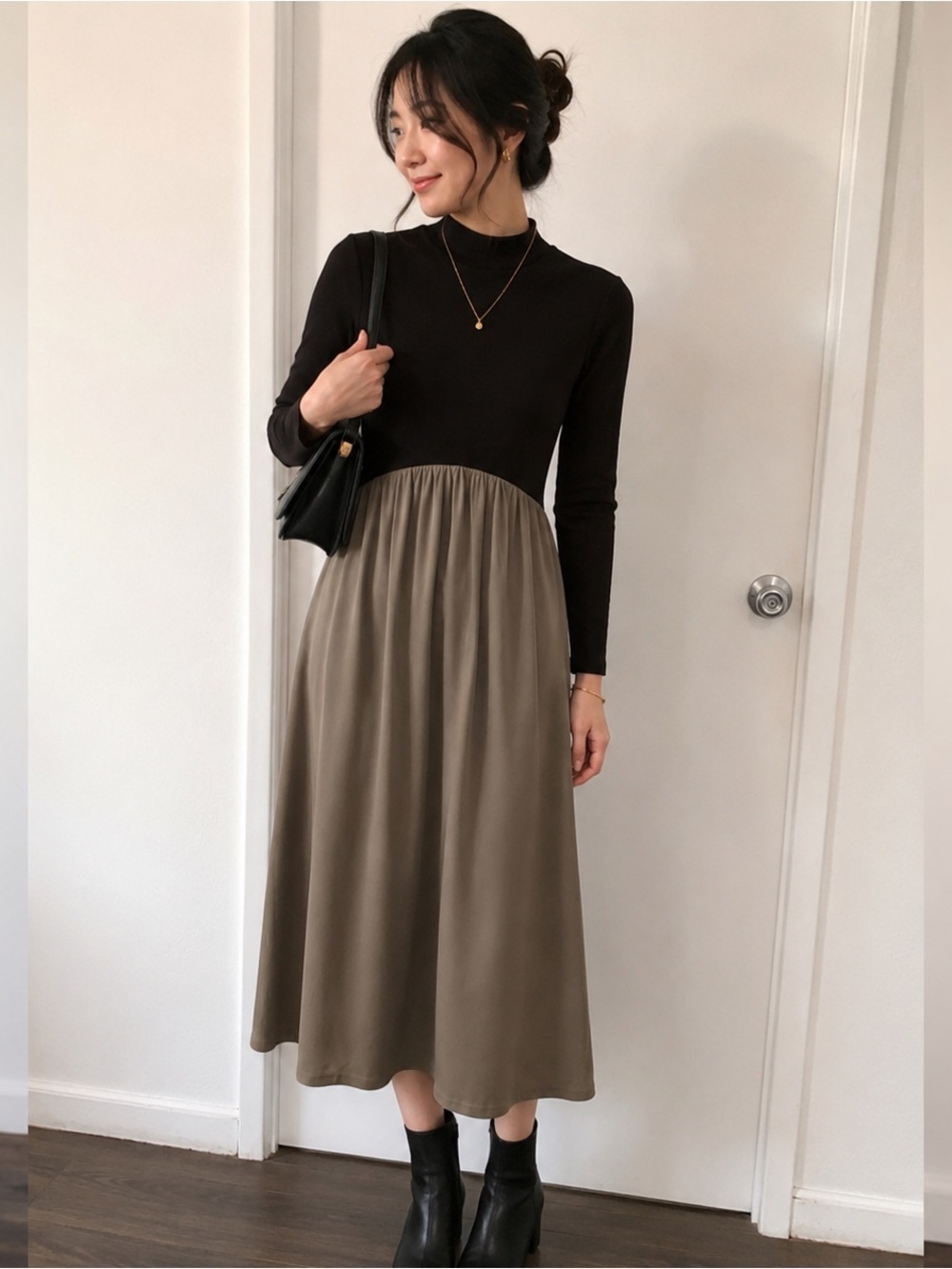 Zara Midi Dress Mock Neck Black Top Taupe Skirt Size L Minimal Capsule Wardrobe